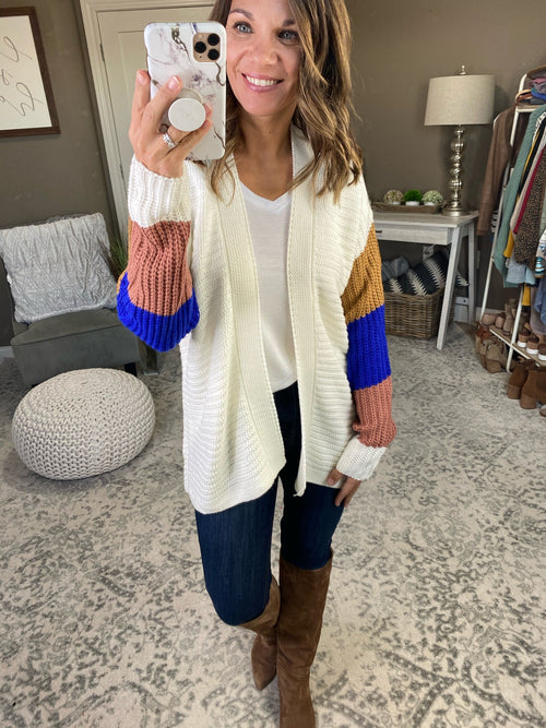 Forever To Go Cream Cardigan With Colorblock Sleeves-Cardigans-staccato 52983-Anna Kaytes Boutique, Women's Fashion Boutique in Grinnell, Iowa