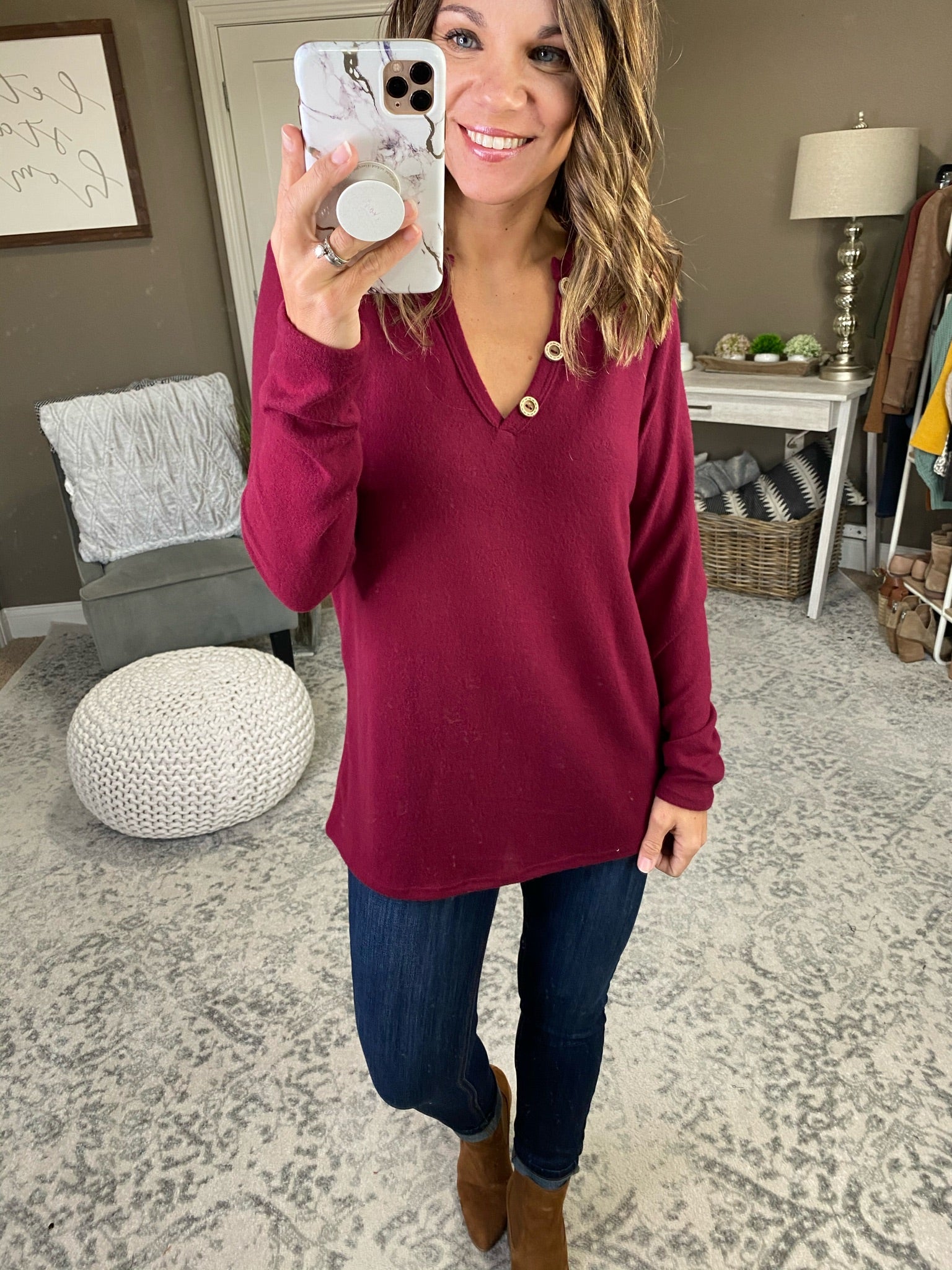 Falling For You Brushed Fleece Long Sleeve with Button Detail-Multiple Options