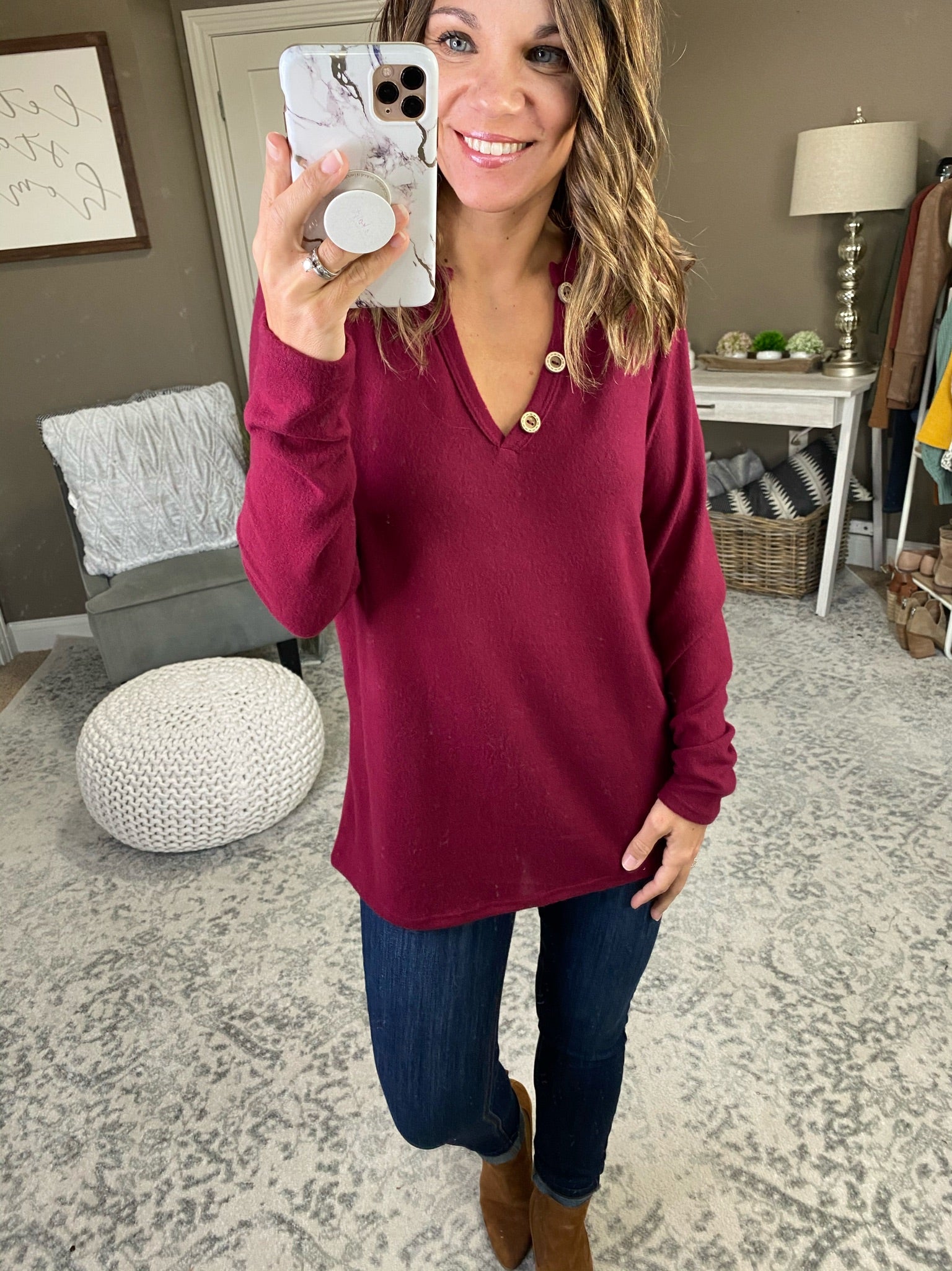 Falling For You Brushed Fleece Long Sleeve with Button Detail-Multiple Options