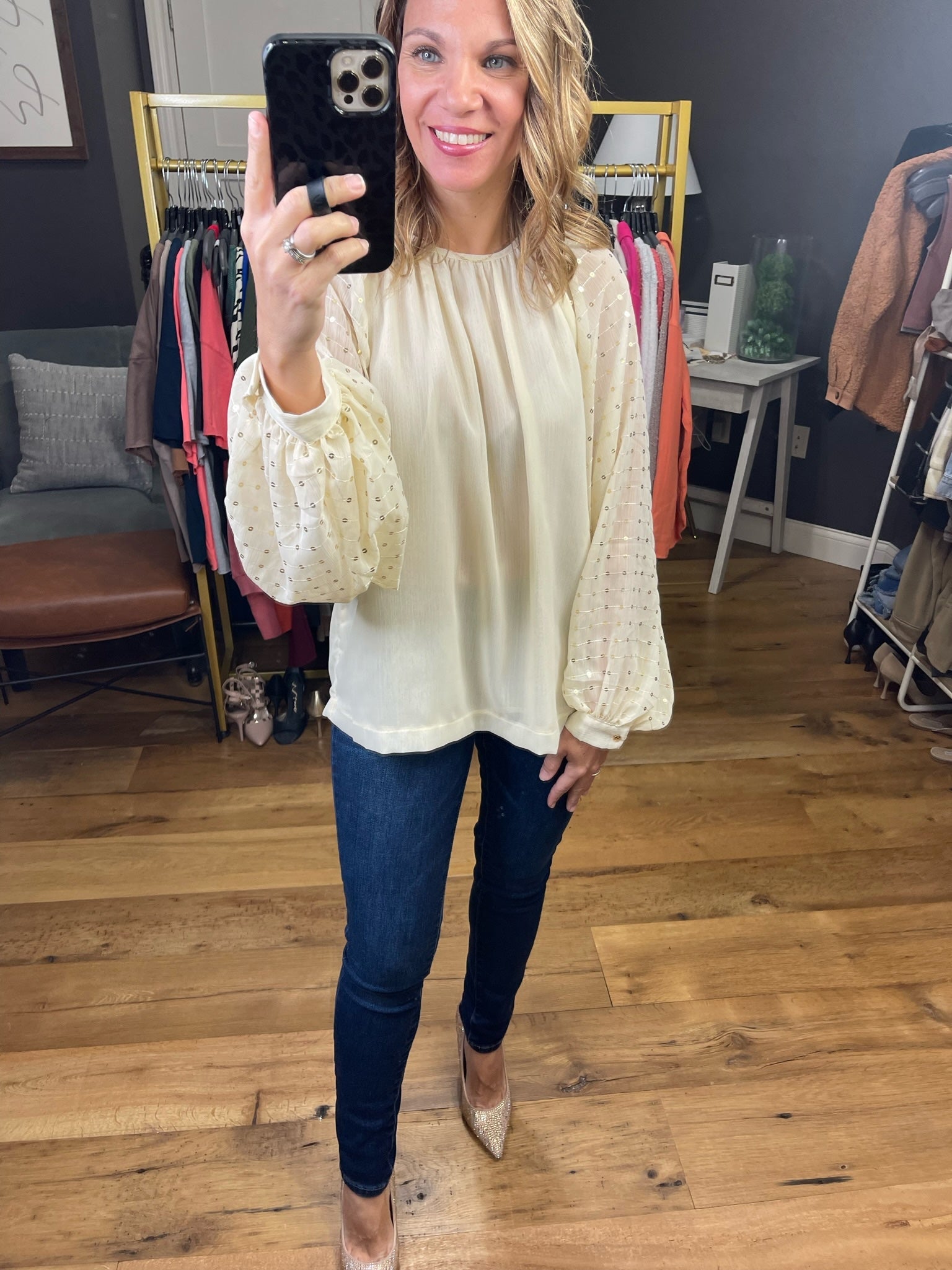 Miss Me Balloon Sleeve Top With Sequin Detail - Multiple Options-Long Sleeves-Vine & Love VT31779-Anna Kaytes Boutique, Women's Fashion Boutique in Grinnell, Iowa