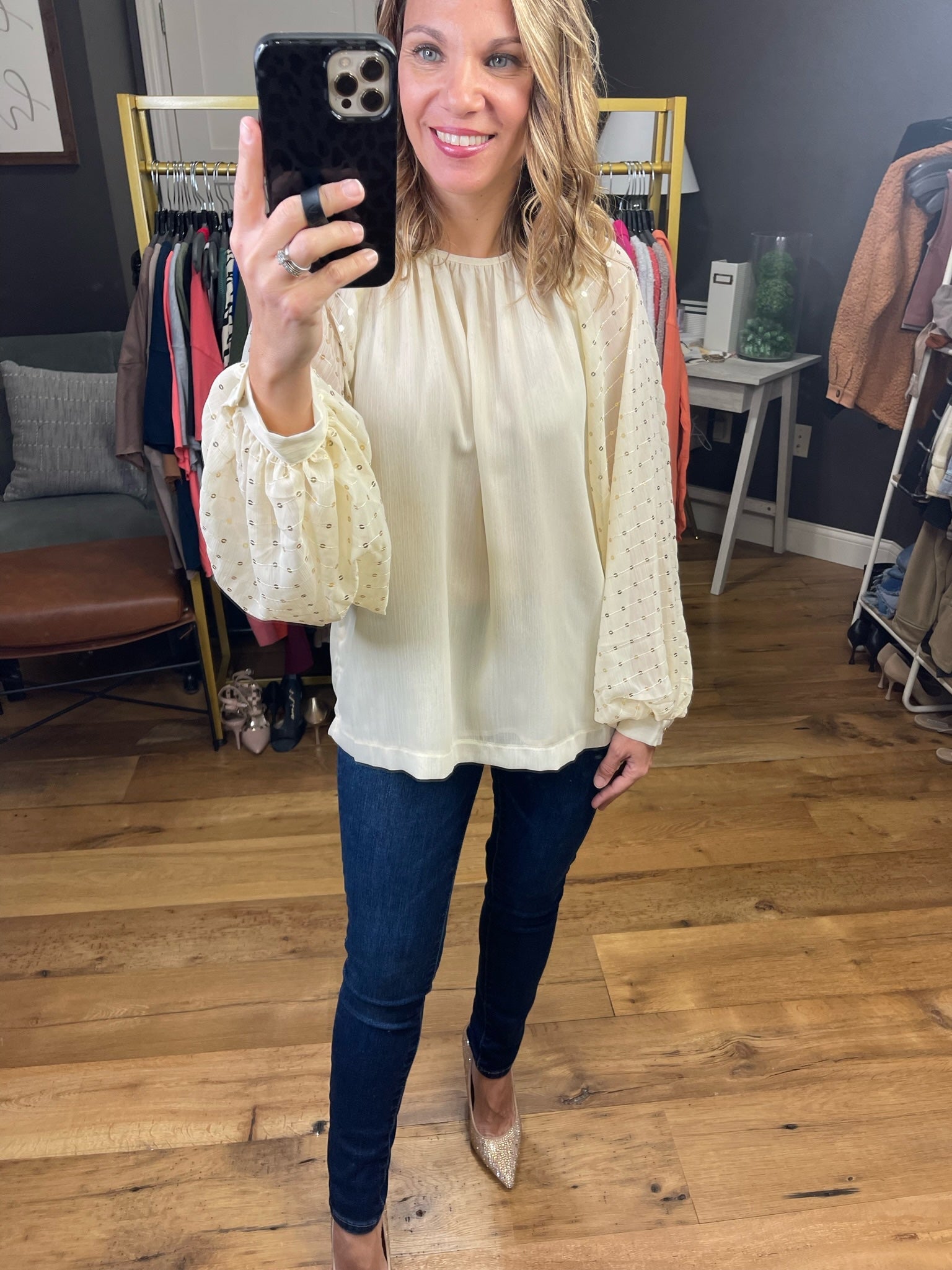 Miss Me Balloon Sleeve Top With Sequin Detail - Multiple Options-Long Sleeves-Vine & Love VT31779-Anna Kaytes Boutique, Women's Fashion Boutique in Grinnell, Iowa