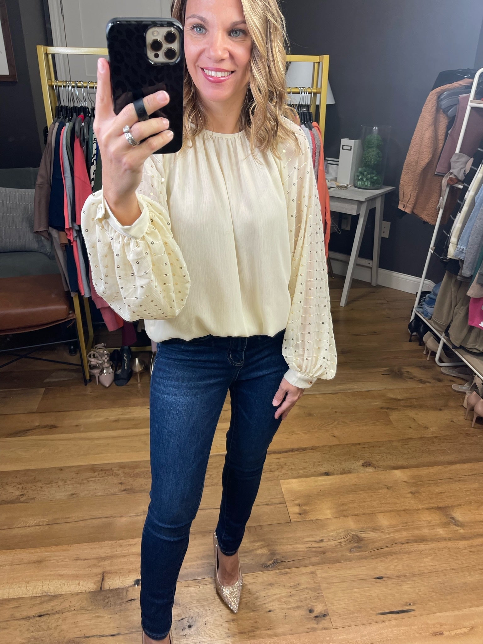 Miss Me Balloon Sleeve Top With Sequin Detail - Multiple Options-Long Sleeves-Vine & Love VT31779-Anna Kaytes Boutique, Women's Fashion Boutique in Grinnell, Iowa