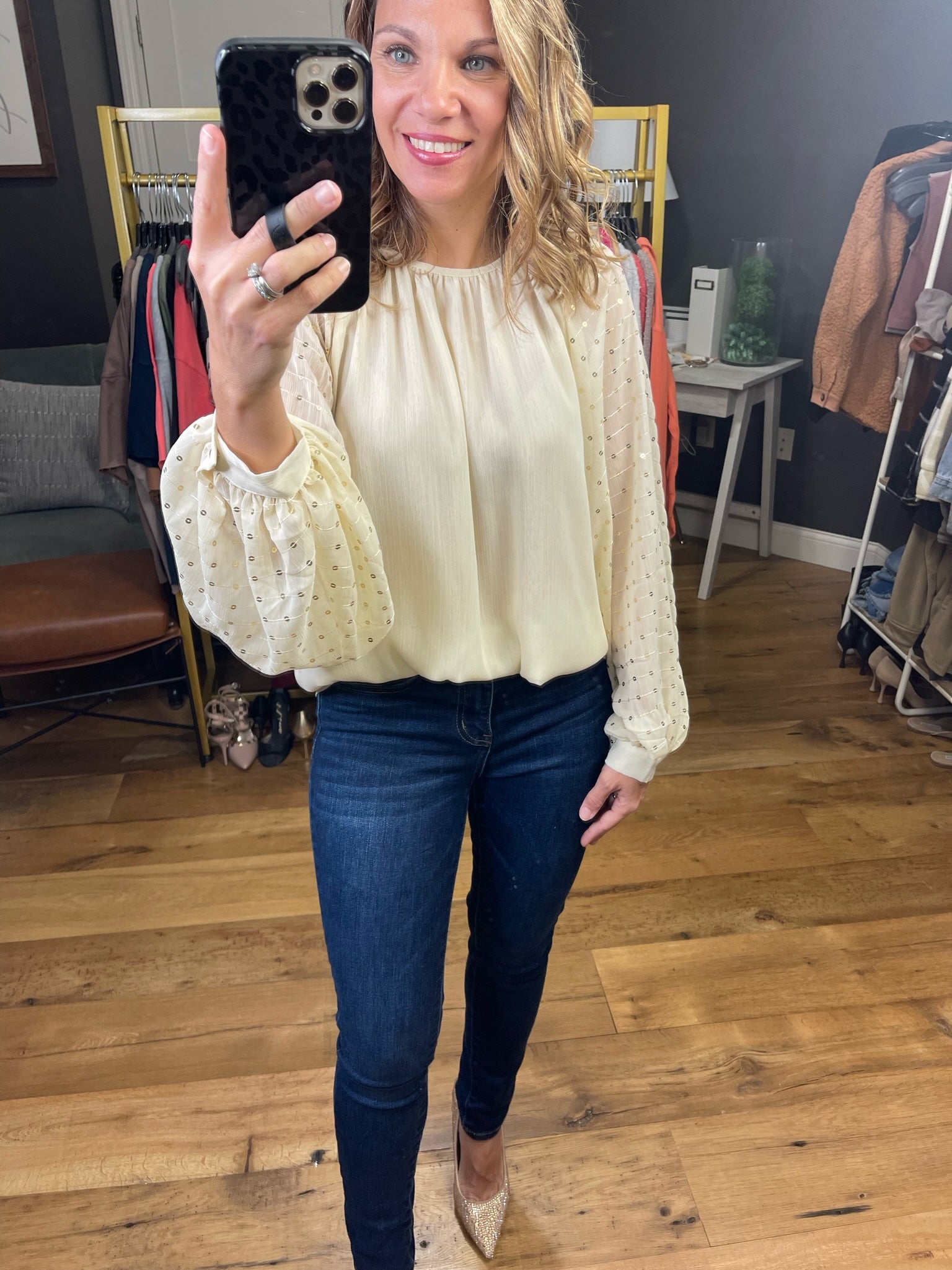 Miss Me Balloon Sleeve Top With Sequin Detail - Multiple Options-Long Sleeves-Vine & Love VT31779-Anna Kaytes Boutique, Women's Fashion Boutique in Grinnell, Iowa