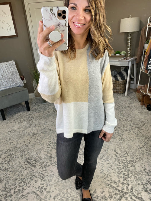 Long Haul Grey, Taupe & White Colorblock Crew Sweater