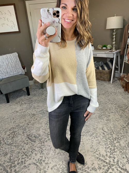 Long Haul Grey, Taupe & White Colorblock Crew Sweater