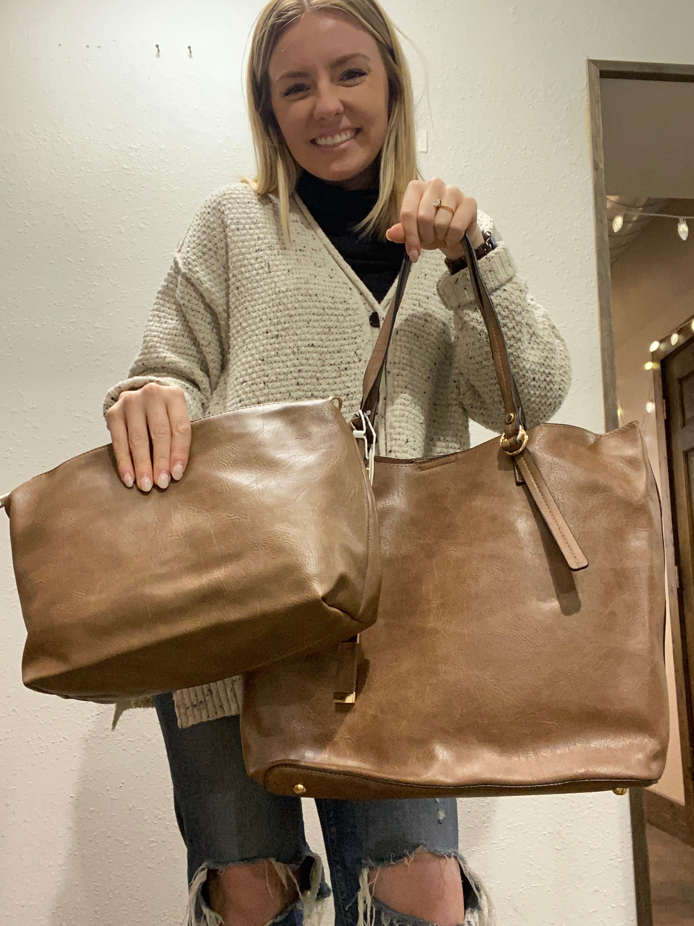 Take Me Everywhere 2-in-1 Tote in Brown and Stone-Handbags-Metro Muse-Anna Kaytes Boutique, Women's Fashion Boutique in Grinnell, Iowa