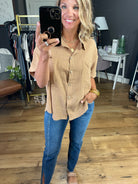 Wish You Well Button Detail Top - Mocha-Short Sleeves-Wishlist WL21-6278-Anna Kaytes Boutique, Women's Fashion Boutique in Grinnell, Iowa