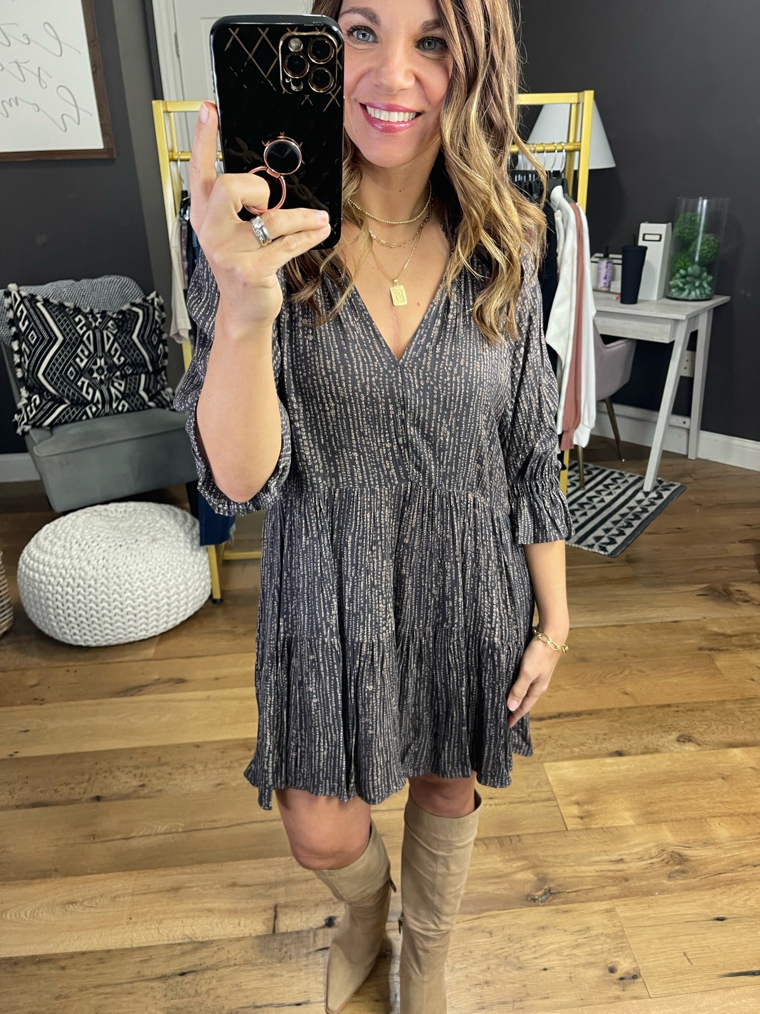 The Emmett 3/4 Sleeve Swing Dress - Charcoal-Dresses-Millibon ID30839C-Anna Kaytes Boutique, Women's Fashion Boutique in Grinnell, Iowa