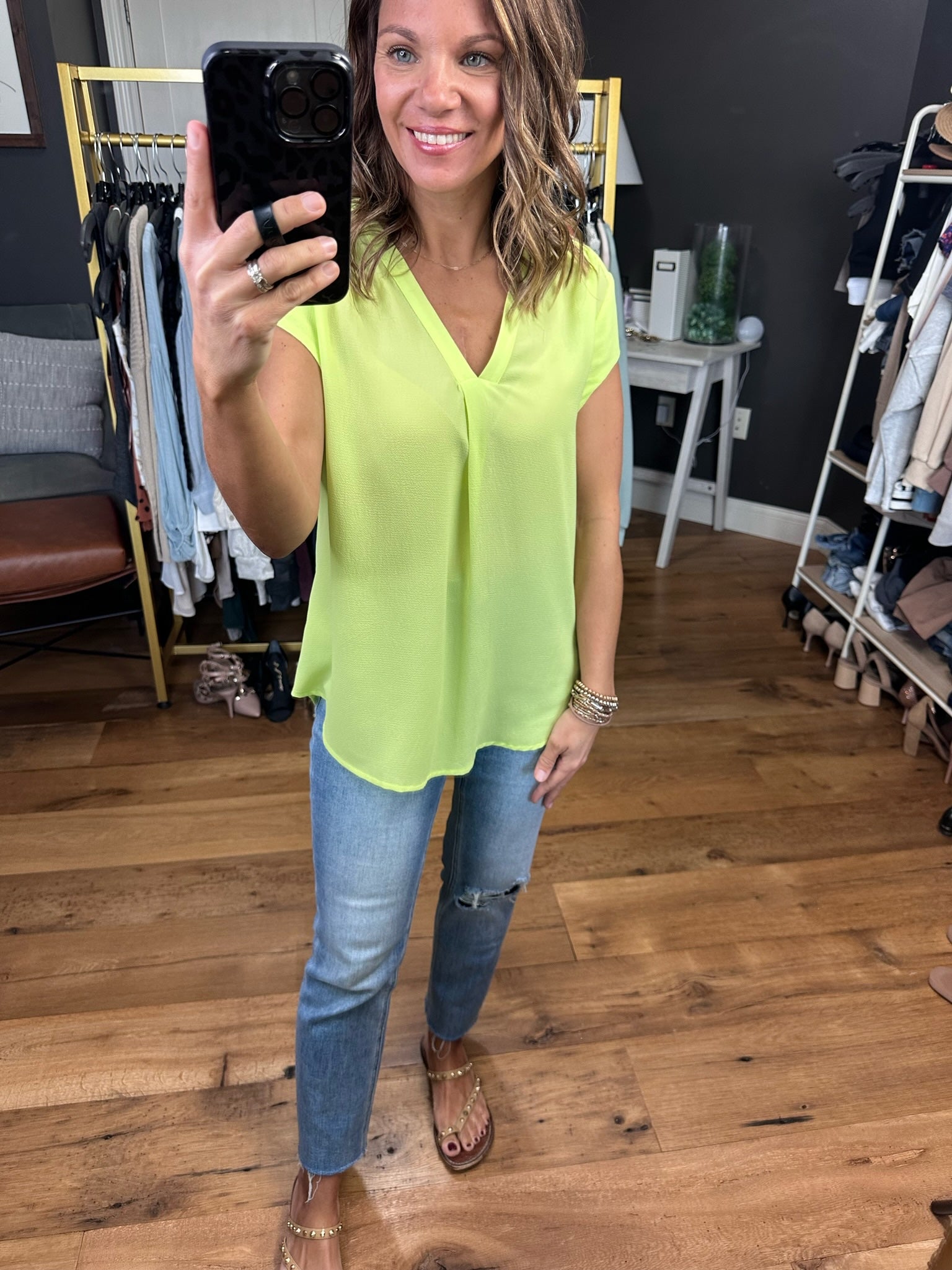 In The Limelight V-Neck Top - Lime-Short Sleeves-Staccato 18815-Anna Kaytes Boutique, Women's Fashion Boutique in Grinnell, Iowa