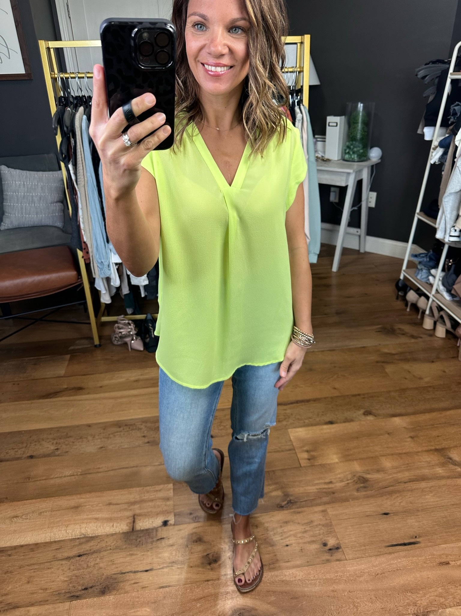 In The Limelight V-Neck Top - Lime-Short Sleeves-Staccato 18815-Anna Kaytes Boutique, Women's Fashion Boutique in Grinnell, Iowa