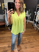 In The Limelight V-Neck Top - Lime-Short Sleeves-Staccato 18815-Anna Kaytes Boutique, Women's Fashion Boutique in Grinnell, Iowa