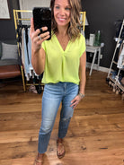 In The Limelight V-Neck Top - Lime-Short Sleeves-Staccato 18815-Anna Kaytes Boutique, Women's Fashion Boutique in Grinnell, Iowa