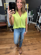 In The Limelight V-Neck Top - Lime-Short Sleeves-Staccato 18815-Anna Kaytes Boutique, Women's Fashion Boutique in Grinnell, Iowa