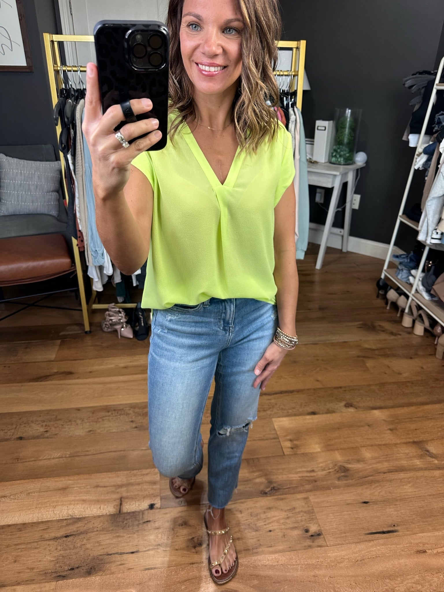 In The Limelight V-Neck Top - Lime-Short Sleeves-Staccato 18815-Anna Kaytes Boutique, Women's Fashion Boutique in Grinnell, Iowa