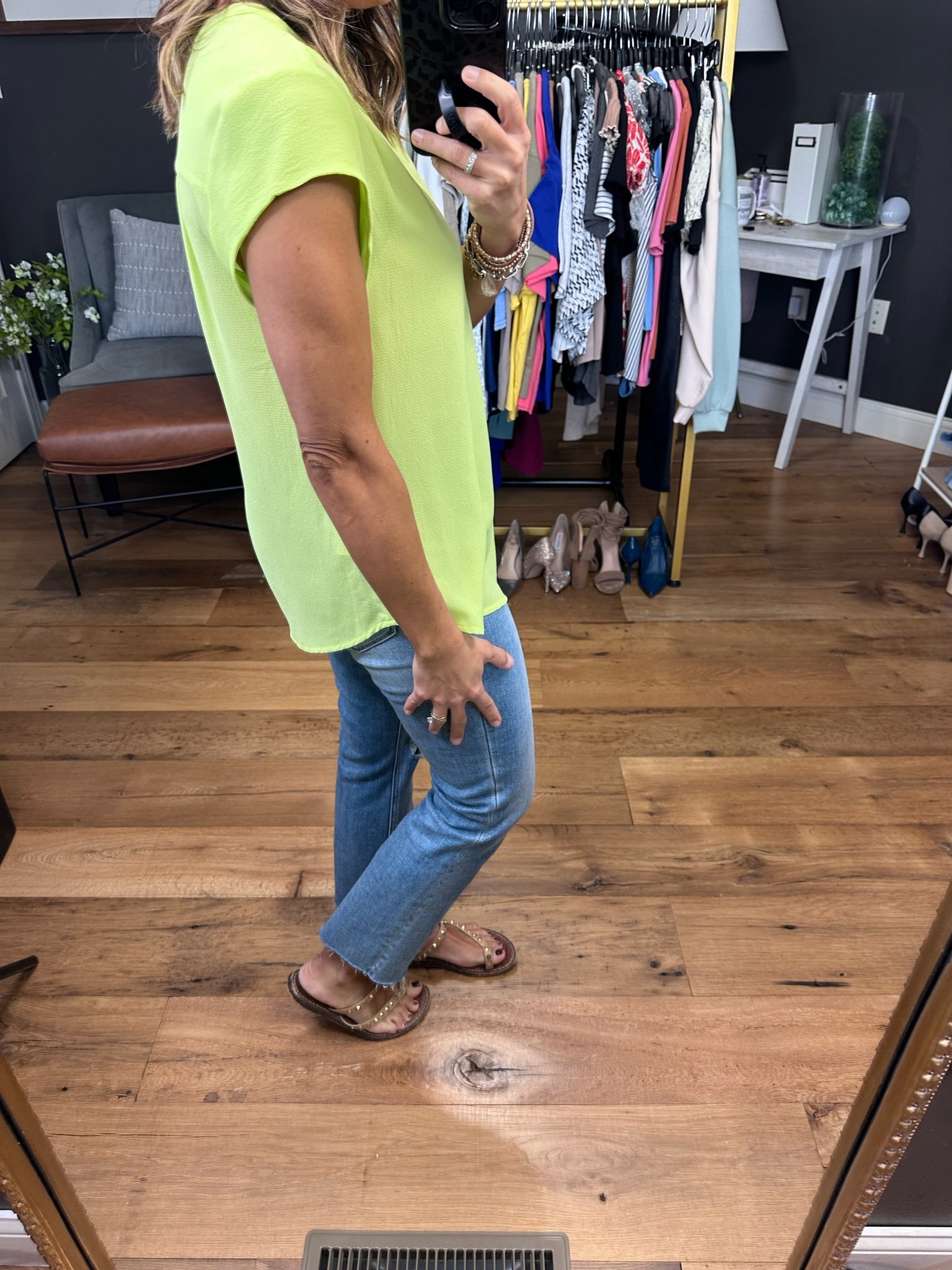 In The Limelight V-Neck Top - Lime-Short Sleeves-Staccato 18815-Anna Kaytes Boutique, Women's Fashion Boutique in Grinnell, Iowa