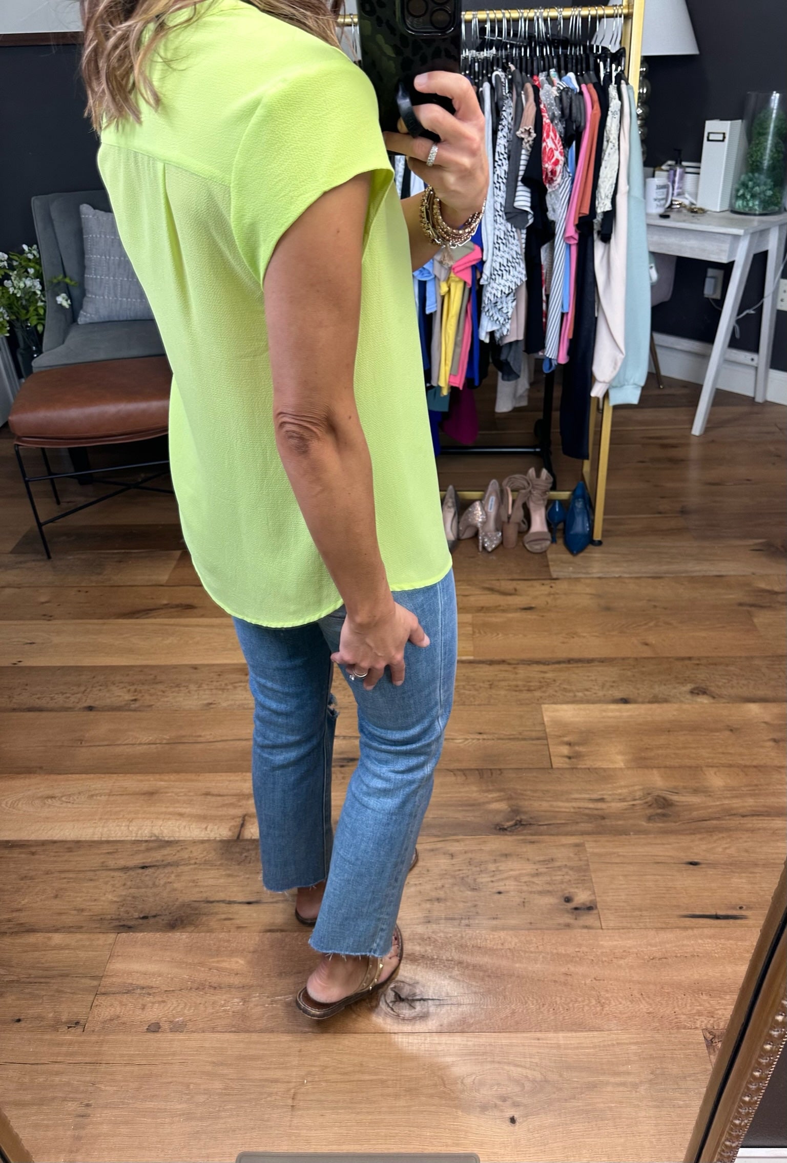 In The Limelight V-Neck Top - Lime-Short Sleeves-Staccato 18815-Anna Kaytes Boutique, Women's Fashion Boutique in Grinnell, Iowa