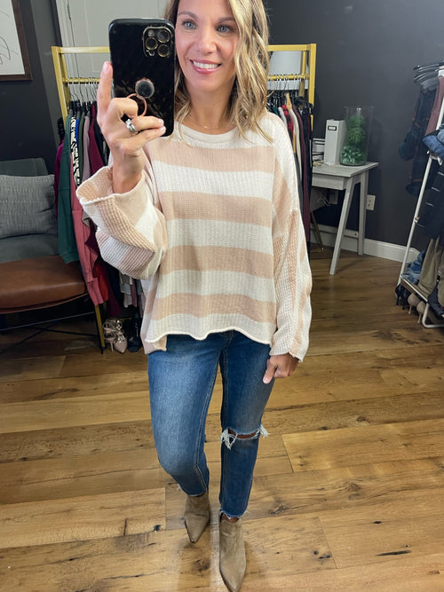 My Motivation Textured Striped Dolman Top - Taupe/Ivory