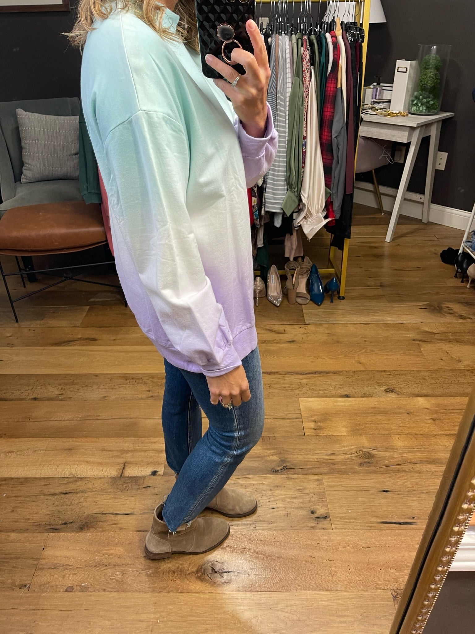 The Rumors Blue, Lavender and Ivory Dip Dye Mock Neck Long Sleeve-Long Sleeves-Mittoshop C13082-Anna Kaytes Boutique, Women's Fashion Boutique in Grinnell, Iowa