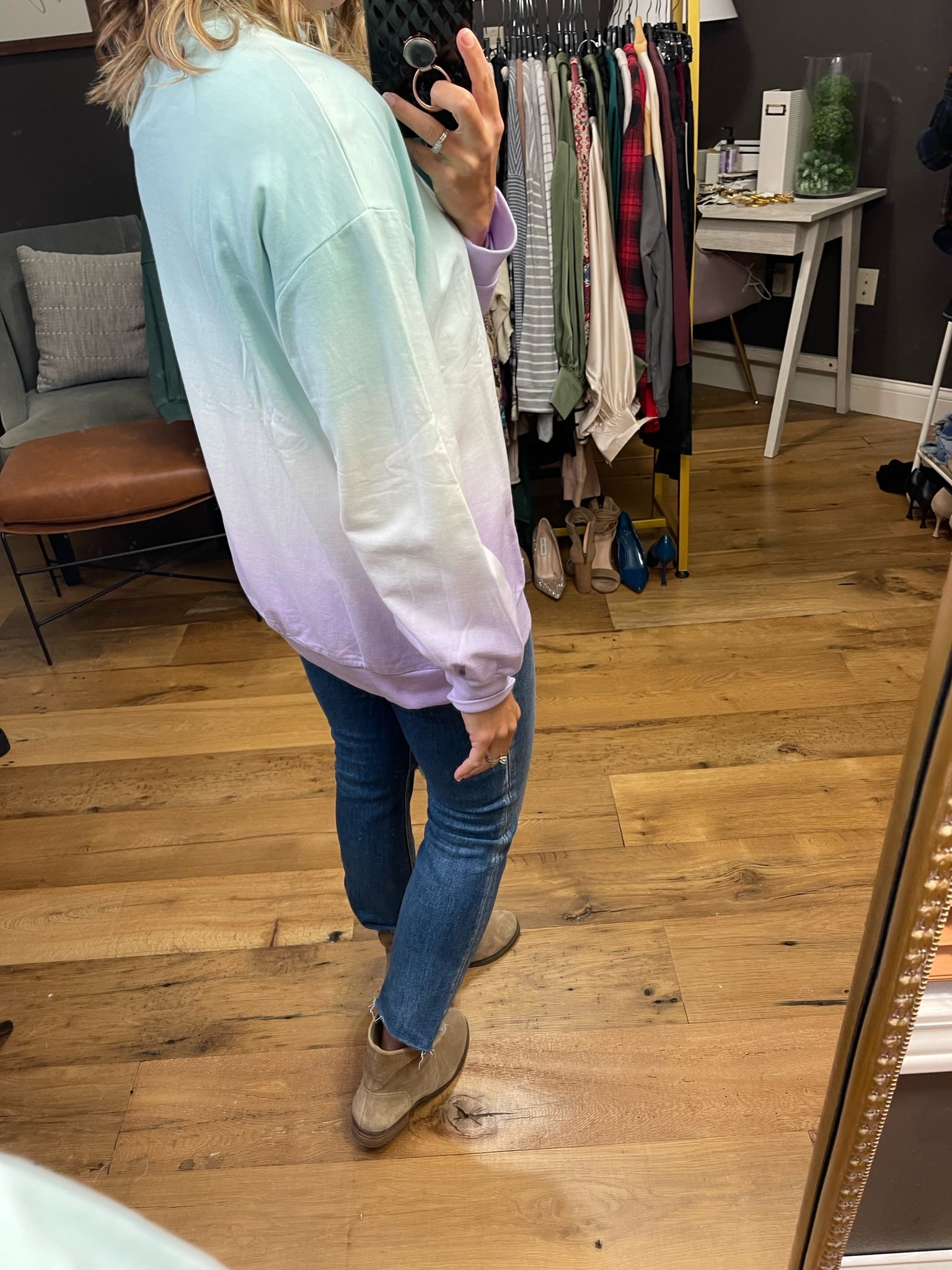 The Rumors Blue, Lavender and Ivory Dip Dye Mock Neck Long Sleeve-Long Sleeves-Mittoshop C13082-Anna Kaytes Boutique, Women's Fashion Boutique in Grinnell, Iowa