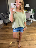 Effortless One Sage Knit Top With Raw Edge Detail-Short Sleeves-Bibi IP4038-Anna Kaytes Boutique, Women's Fashion Boutique in Grinnell, Iowa