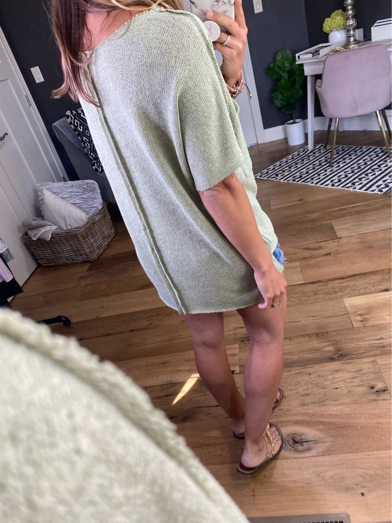 Effortless One Sage Knit Top With Raw Edge Detail