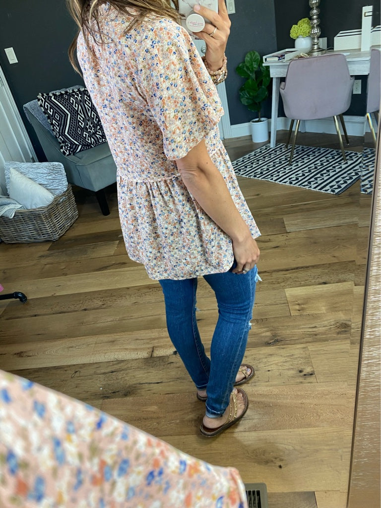 Found A Reason Floral V-Neck Peplum Blouse With Button Detail - Multiple Options