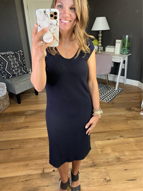 Wonderstruck Black Ribbed Dress With Peek-A-Boo Back Detail-Fantastic Fawn FKD75332-01-Anna Kaytes Boutique, Women's Fashion Boutique in Grinnell, Iowa