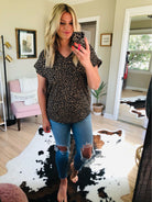 More Than A Coincidence Animal Print Top With V-Neck Detail - Black/Taupe-Short Sleeves-Mittoshop T10012A-Anna Kaytes Boutique, Women's Fashion Boutique in Grinnell, Iowa