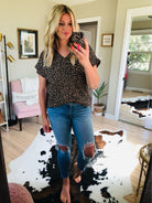 More Than A Coincidence Animal Print Top With V-Neck Detail - Black/Taupe-Short Sleeves-Mittoshop T10012A-Anna Kaytes Boutique, Women's Fashion Boutique in Grinnell, Iowa