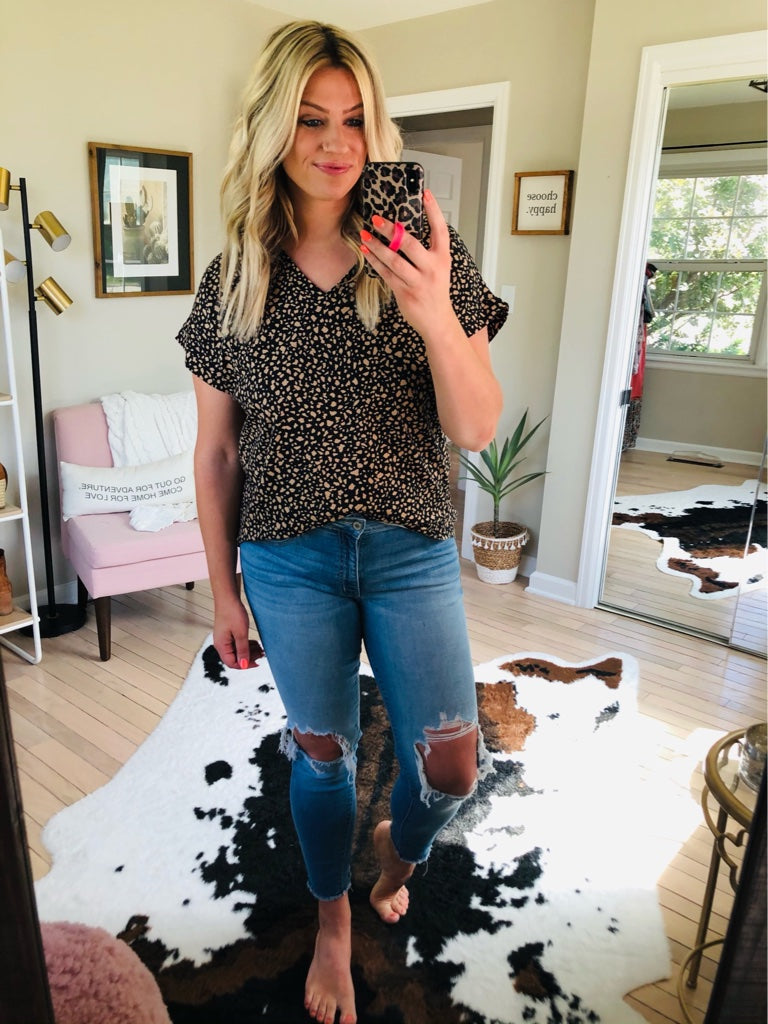 More Than A Coincidence Animal Print Top With V-Neck Detail - Black/Taupe-Short Sleeves-Mittoshop T10012A-Anna Kaytes Boutique, Women's Fashion Boutique in Grinnell, Iowa