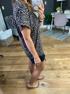 More Than A Coincidence Animal Print Top With V-Neck Detail - Black/Taupe-Short Sleeves-Mittoshop T10012A-Anna Kaytes Boutique, Women's Fashion Boutique in Grinnell, Iowa