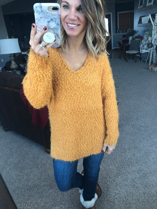 Bring Me Love Mustard V-Neck Popcorn Mohair Sweater-Sweaters-Staccato-Anna Kaytes Boutique, Women's Fashion Boutique in Grinnell, Iowa