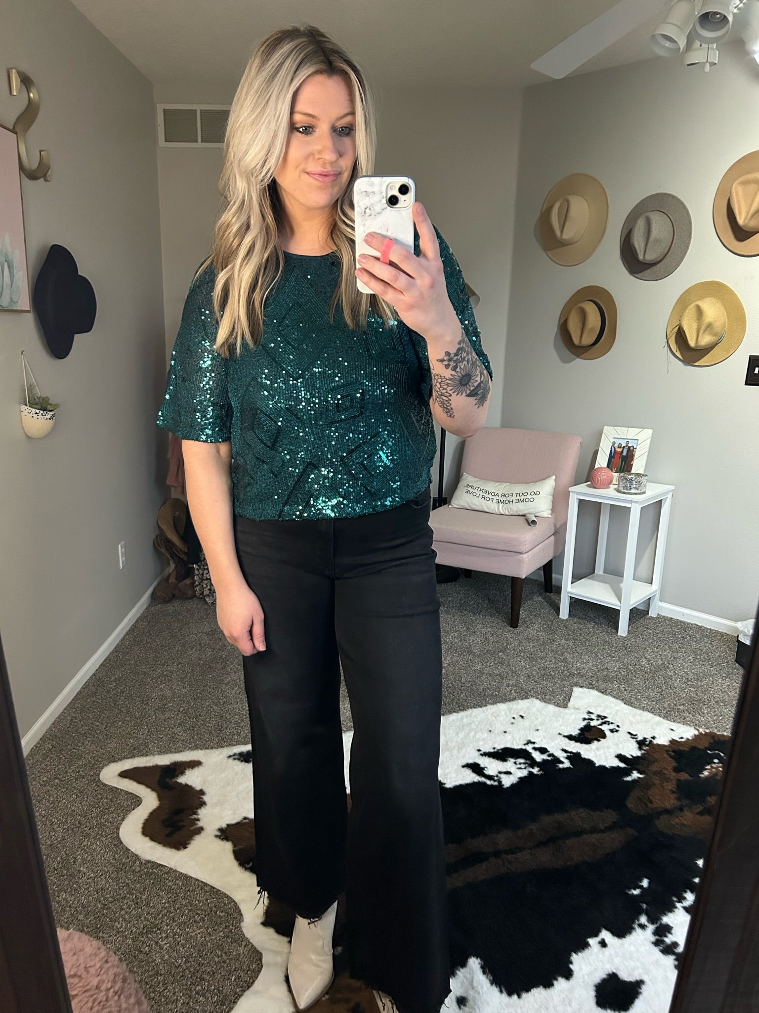 All Of The Lights Sequin-Detail Top - Hunter Green