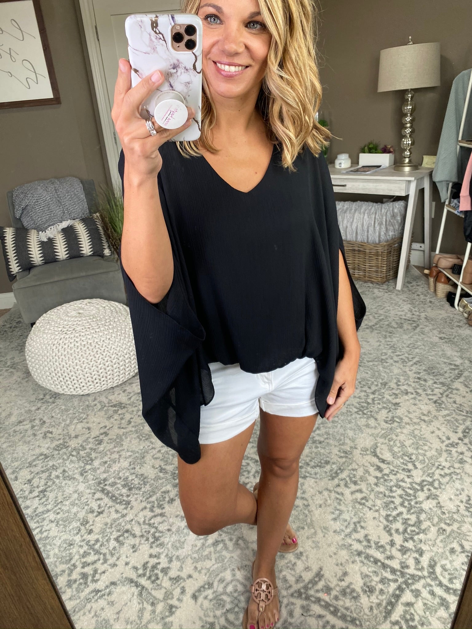 Hey Now Black V Neck Blouse-Short Sleeves-Tyche T-5662-Anna Kaytes Boutique, Women's Fashion Boutique in Grinnell, Iowa