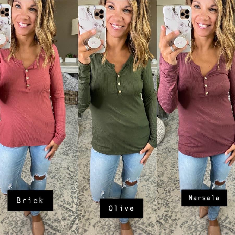 Could've Been Button V-Neck Ribbed Henley- Multiple Options-Long Sleeves-Hem & Thread 30042-Anna Kaytes Boutique, Women's Fashion Boutique in Grinnell, Iowa