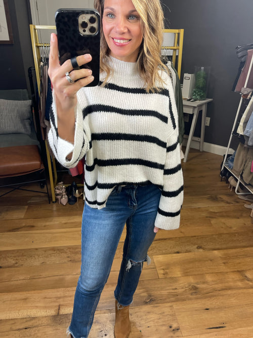 Everyday Chic Striped Bell Sleeve Sweater- Ivory/Black