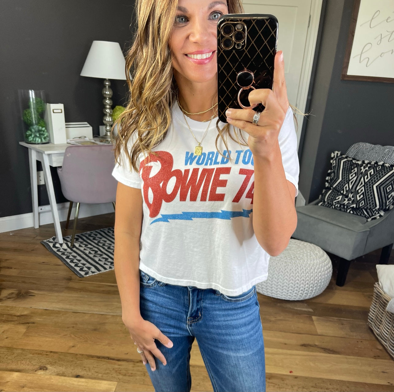 Bowie World Tour Cropped Graphic Tee - White-Graphic Tees-Recycled Karma 301848-Anna Kaytes Boutique, Women's Fashion Boutique in Grinnell, Iowa