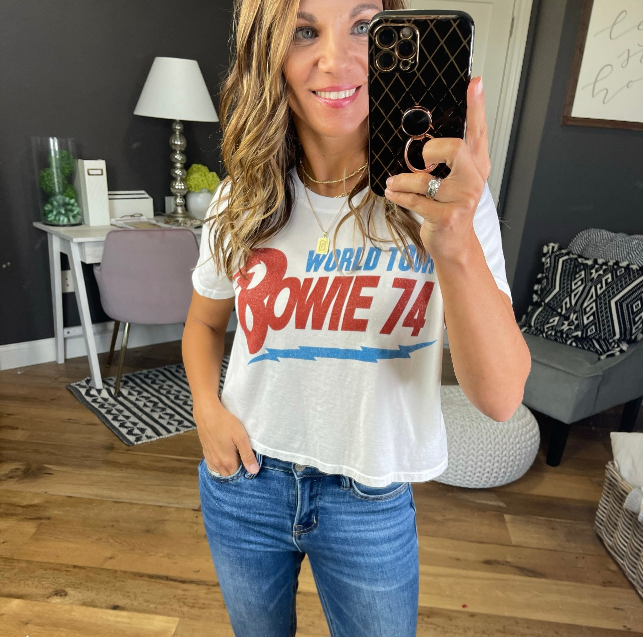 Bowie World Tour Cropped Graphic Tee - White-Graphic Tees-Recycled Karma 301848-Anna Kaytes Boutique, Women's Fashion Boutique in Grinnell, Iowa