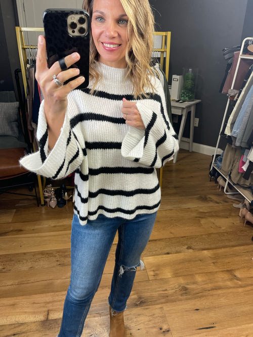 Everyday Chic Striped Bell Sleeve Sweater- Ivory/Black