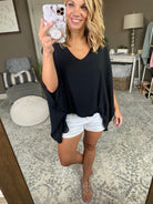 Hey Now Black V Neck Blouse-Short Sleeves-Tyche T-5662-Anna Kaytes Boutique, Women's Fashion Boutique in Grinnell, Iowa