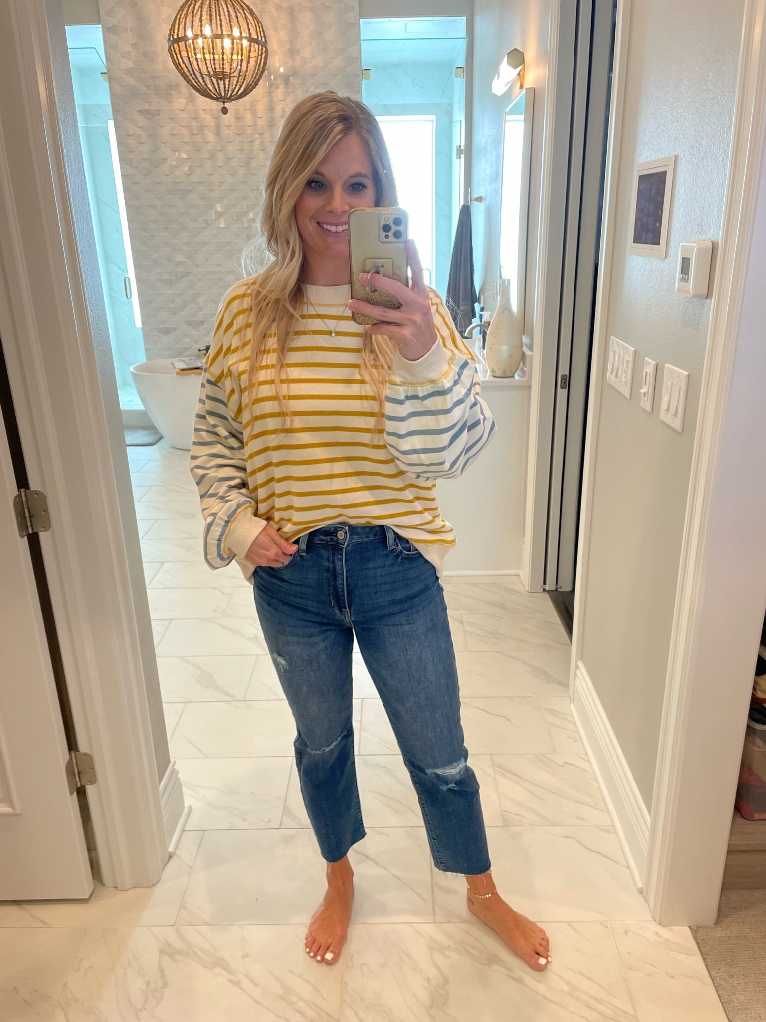 All The Feels Contrasting Striped Crew - Ivory/Yellow/Blue